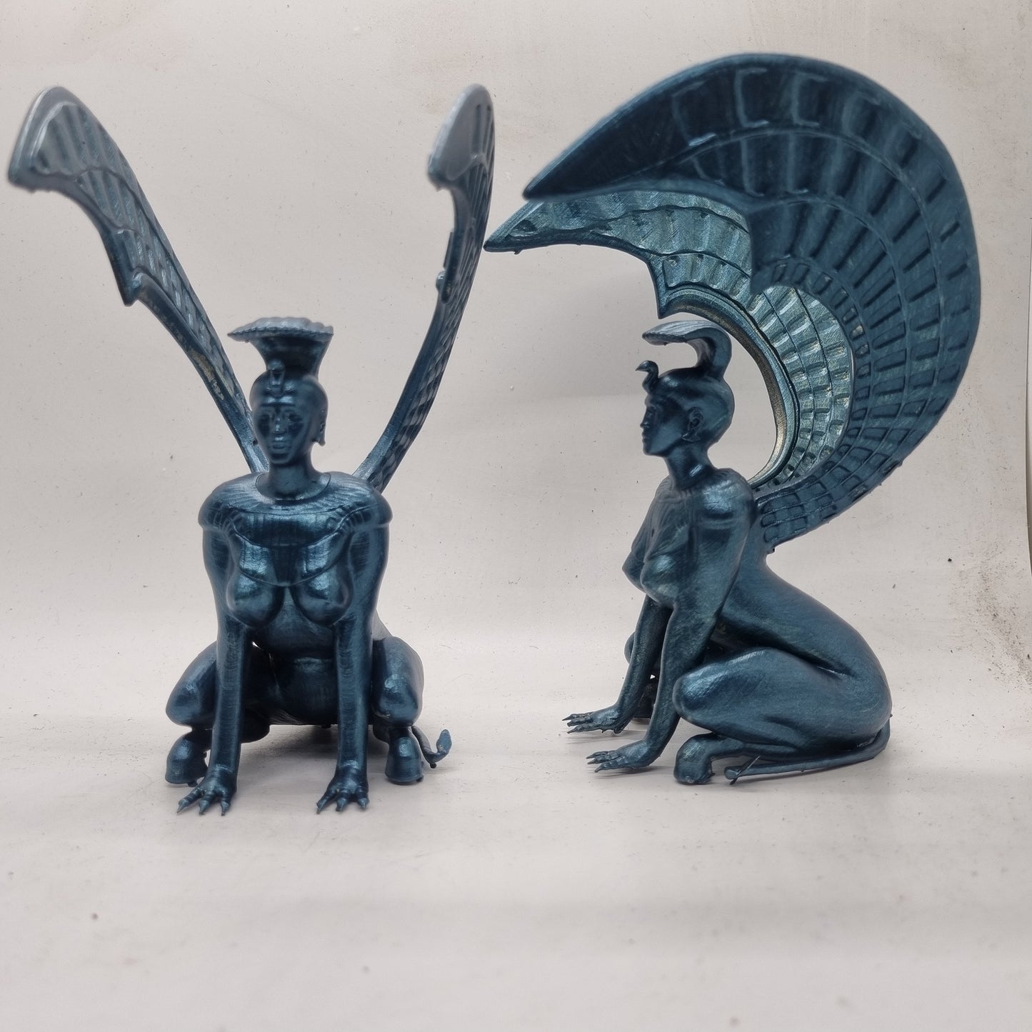 Metallic blue Southern Oracle Sphinxes, 3d printed gift, 80's movie memorabilia, resin sphinx figurine, fantasy film statuette, lion statue